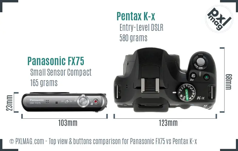 Panasonic FX75 vs Pentax K-x top view buttons comparison