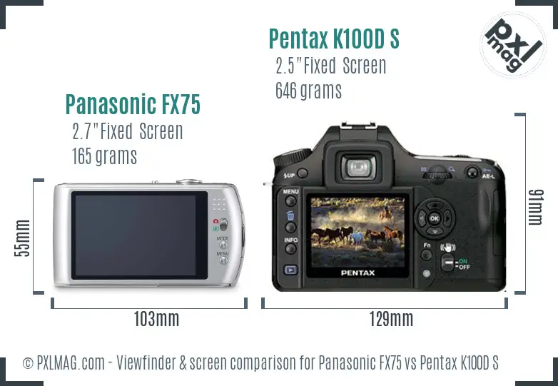 Panasonic FX75 vs Pentax K100D S Screen and Viewfinder comparison