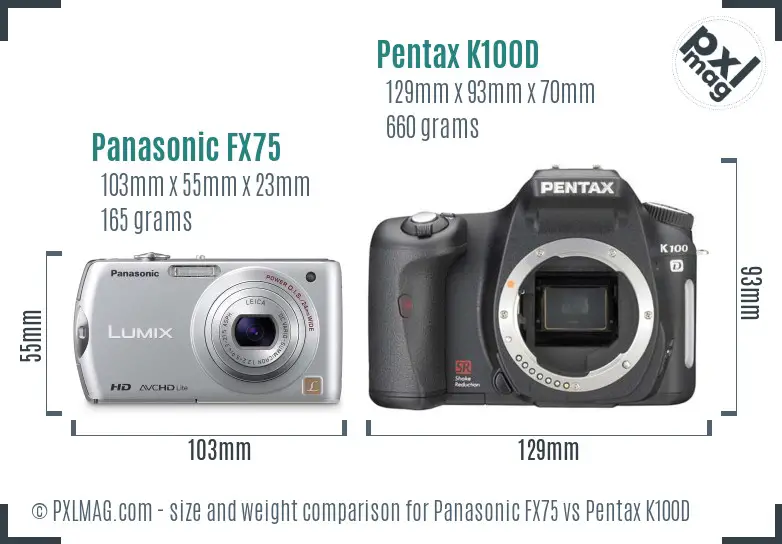 Panasonic FX75 vs Pentax K100D size comparison