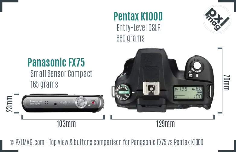 Panasonic FX75 vs Pentax K100D top view buttons comparison