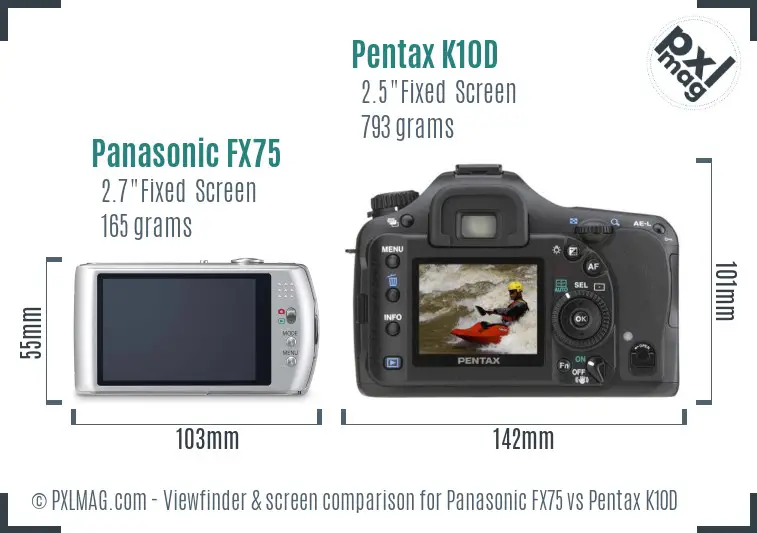 Panasonic FX75 vs Pentax K10D Screen and Viewfinder comparison