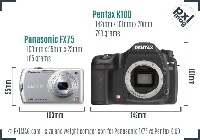 Panasonic FX75 vs Pentax K10D size comparison