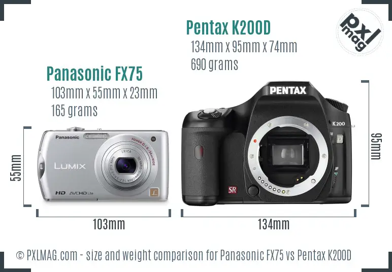 Panasonic FX75 vs Pentax K200D size comparison