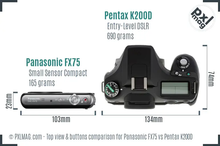 Panasonic FX75 vs Pentax K200D top view buttons comparison