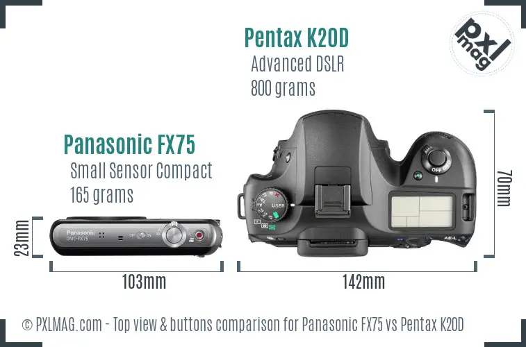 Panasonic FX75 vs Pentax K20D top view buttons comparison
