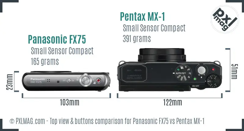 Panasonic FX75 vs Pentax MX-1 top view buttons comparison