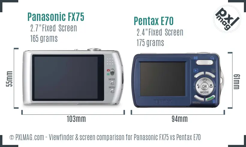 Panasonic FX75 vs Pentax E70 Screen and Viewfinder comparison