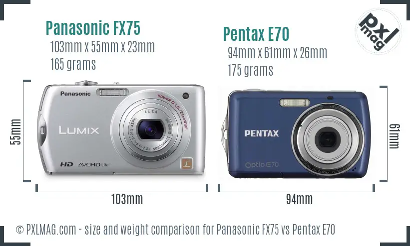 Panasonic FX75 vs Pentax E70 size comparison