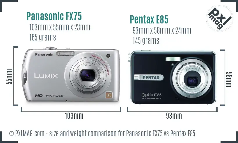 Panasonic FX75 vs Pentax E85 size comparison