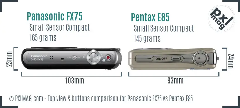 Panasonic FX75 vs Pentax E85 top view buttons comparison