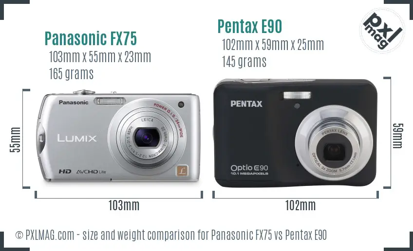 Panasonic FX75 vs Pentax E90 size comparison