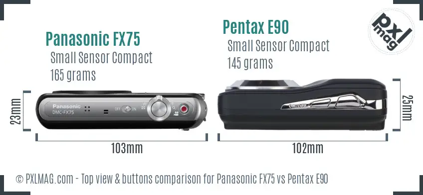 Panasonic FX75 vs Pentax E90 top view buttons comparison