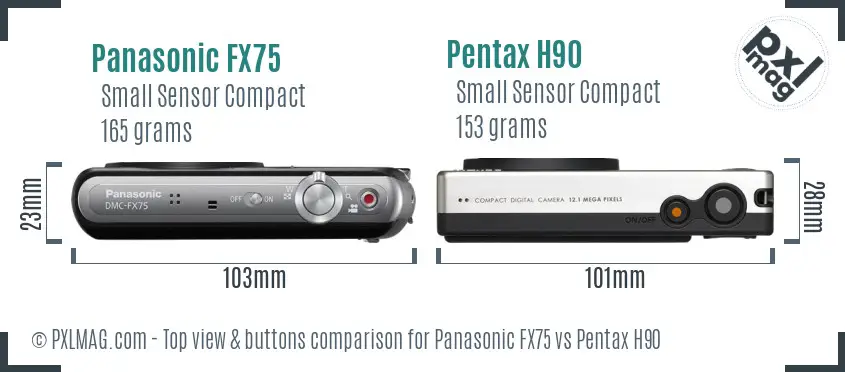 Panasonic FX75 vs Pentax H90 top view buttons comparison