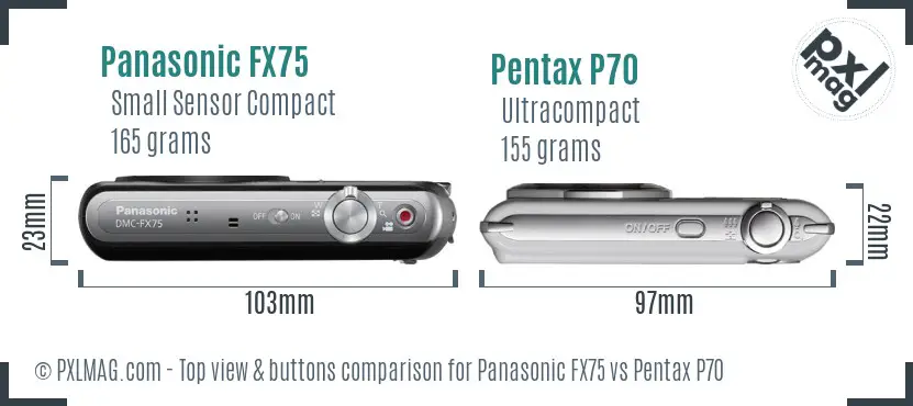 Panasonic FX75 vs Pentax P70 top view buttons comparison