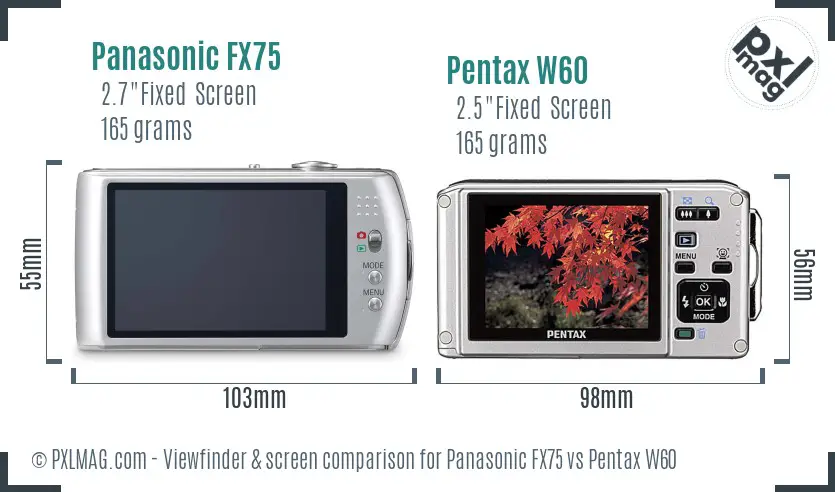 Panasonic FX75 vs Pentax W60 Screen and Viewfinder comparison