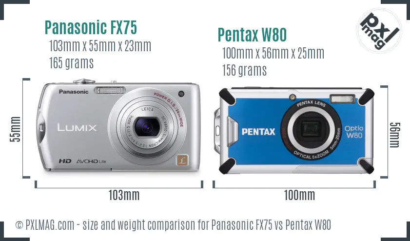 Panasonic FX75 vs Pentax W80 size comparison