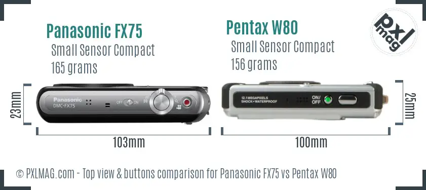 Panasonic FX75 vs Pentax W80 top view buttons comparison