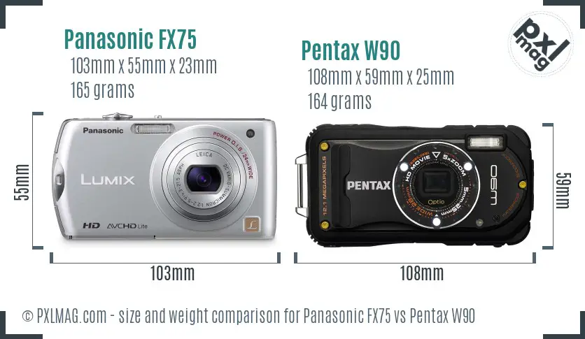 Panasonic FX75 vs Pentax W90 size comparison