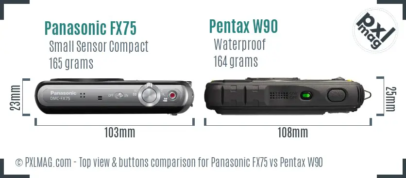 Panasonic FX75 vs Pentax W90 top view buttons comparison