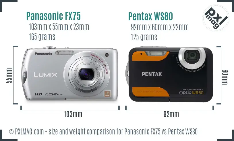 Panasonic FX75 vs Pentax WS80 size comparison