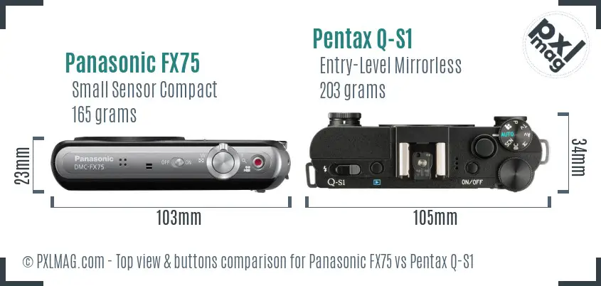 Panasonic FX75 vs Pentax Q-S1 top view buttons comparison