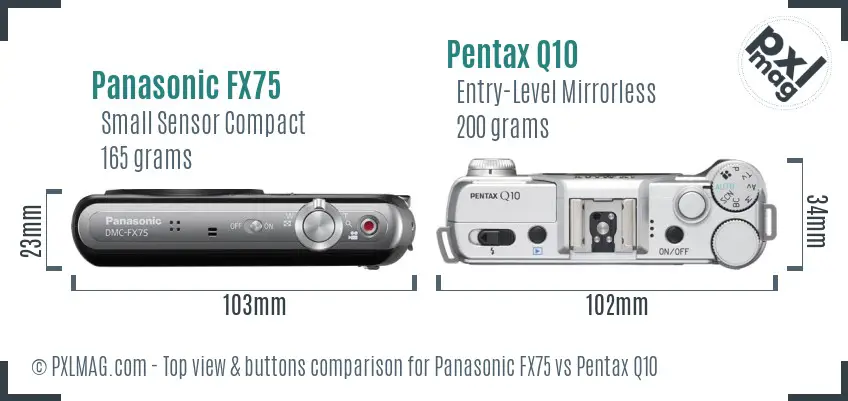 Panasonic FX75 vs Pentax Q10 top view buttons comparison