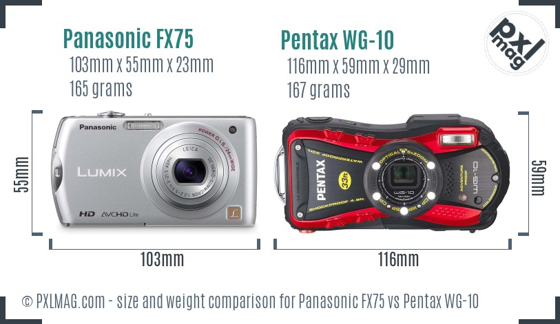 Panasonic FX75 vs Pentax WG-10 size comparison Panasonic FX75 vs Pentax WG-10 size comparison
