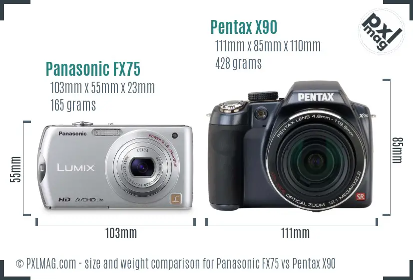 Panasonic FX75 vs Pentax X90 size comparison