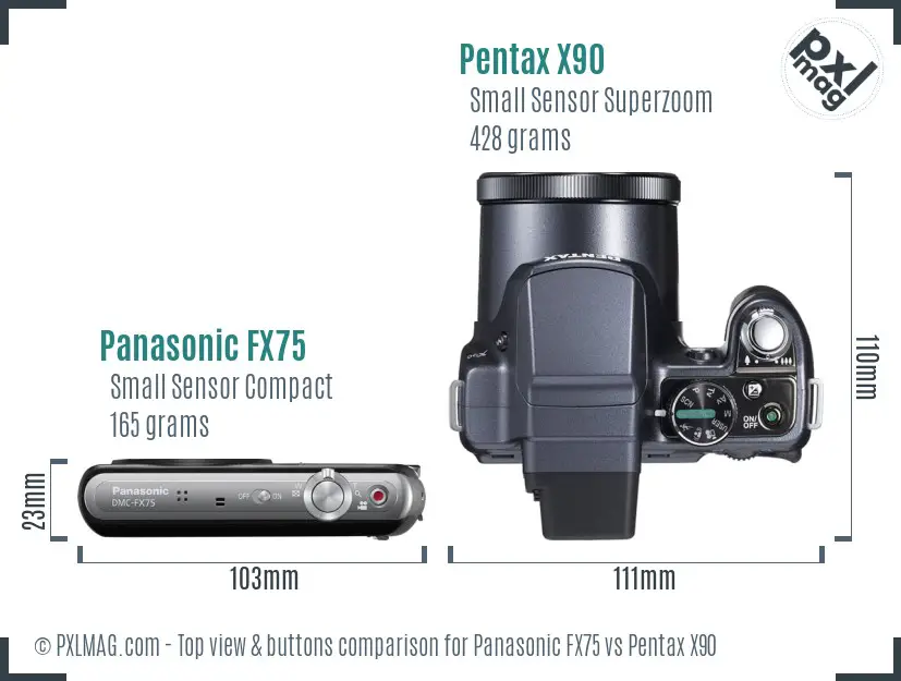 Panasonic FX75 vs Pentax X90 top view buttons comparison