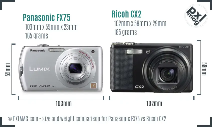 Panasonic FX75 vs Ricoh CX2 size comparison