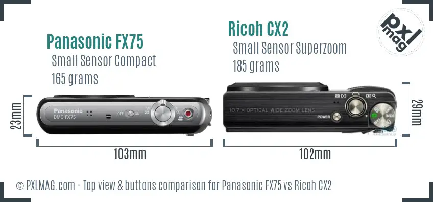 Panasonic FX75 vs Ricoh CX2 top view buttons comparison