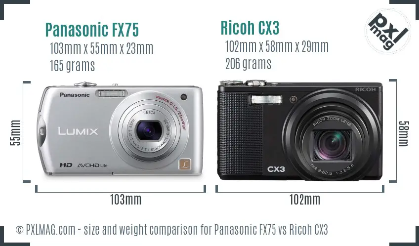 Panasonic FX75 vs Ricoh CX3 size comparison