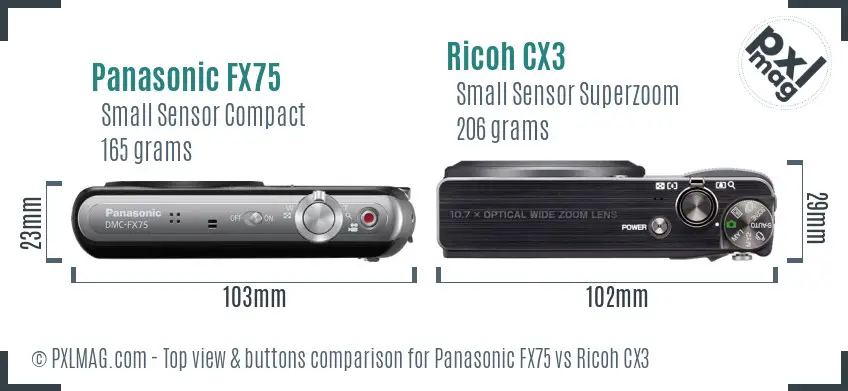 Panasonic FX75 vs Ricoh CX3 top view buttons comparison