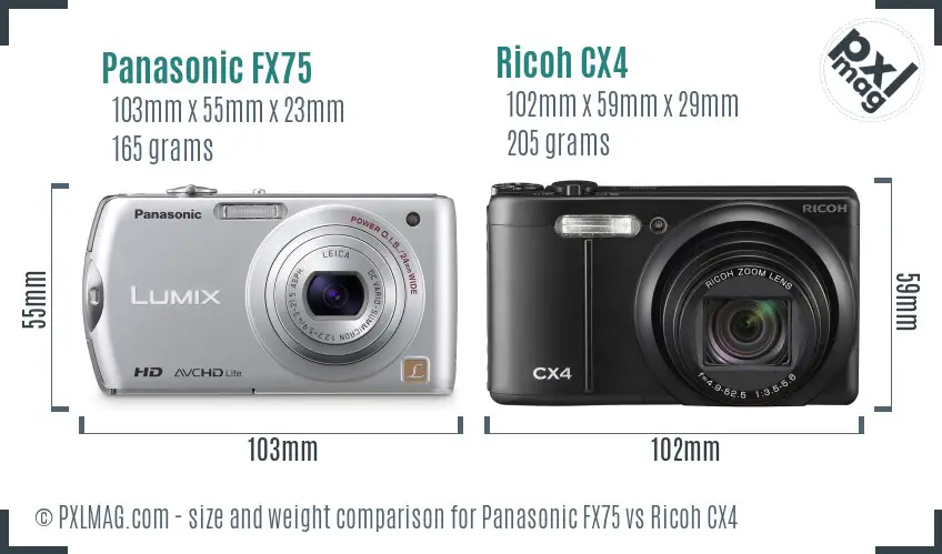 Panasonic FX75 vs Ricoh CX4 size comparison Panasonic FX75 vs Ricoh CX4 size comparison