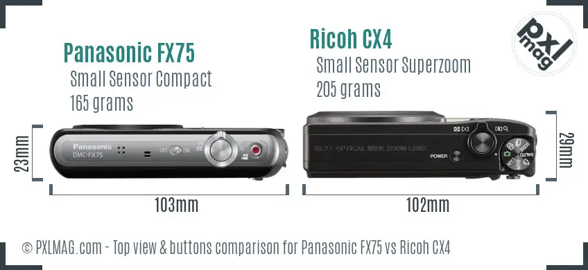 Panasonic FX75 vs Ricoh CX4 top view buttons comparison Panasonic FX75 vs Ricoh CX4 top view buttons comparison
