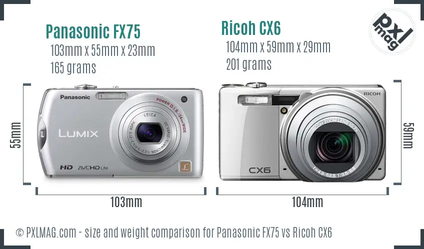 Panasonic FX75 vs Ricoh CX6 size comparison Panasonic FX75 vs Ricoh CX6 size comparison