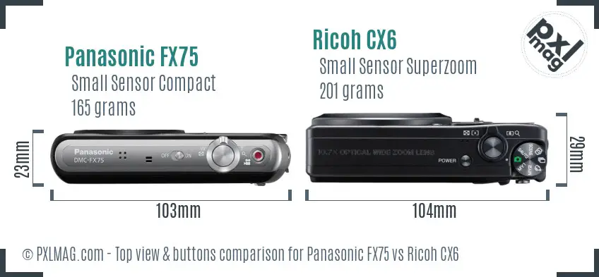 Panasonic FX75 vs Ricoh CX6 top view buttons comparison Panasonic FX75 vs Ricoh CX6 top view buttons comparison