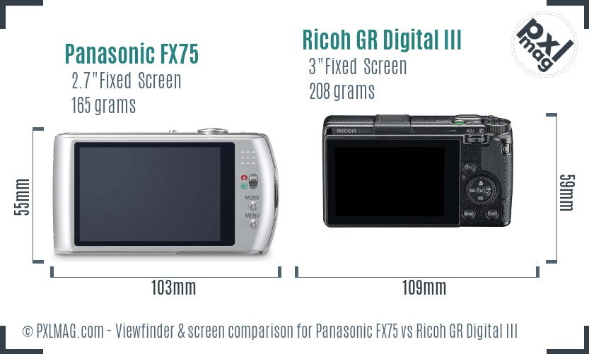 Panasonic FX75 vs Ricoh GR Digital III Screen and Viewfinder comparison