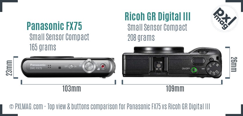 Panasonic FX75 vs Ricoh GR Digital III top view buttons comparison