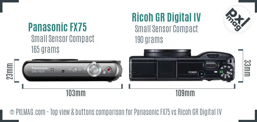 Panasonic FX75 vs Ricoh GR Digital IV top view buttons comparison