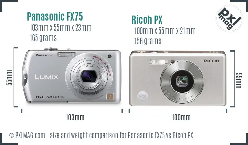 Panasonic FX75 vs Ricoh PX size comparison