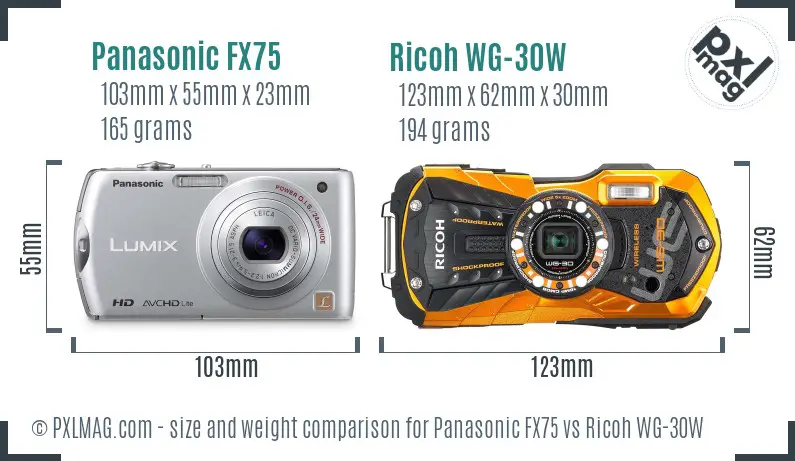 Panasonic FX75 vs Ricoh WG-30W size comparison Panasonic FX75 vs Ricoh WG-30W size comparison