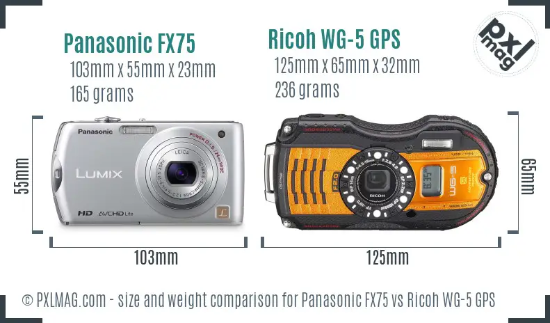 Panasonic FX75 vs Ricoh WG-5 GPS size comparison