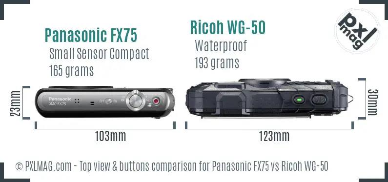 Panasonic FX75 vs Ricoh WG-50 top view buttons comparison Panasonic FX75 vs Ricoh WG-50 top view buttons comparison
