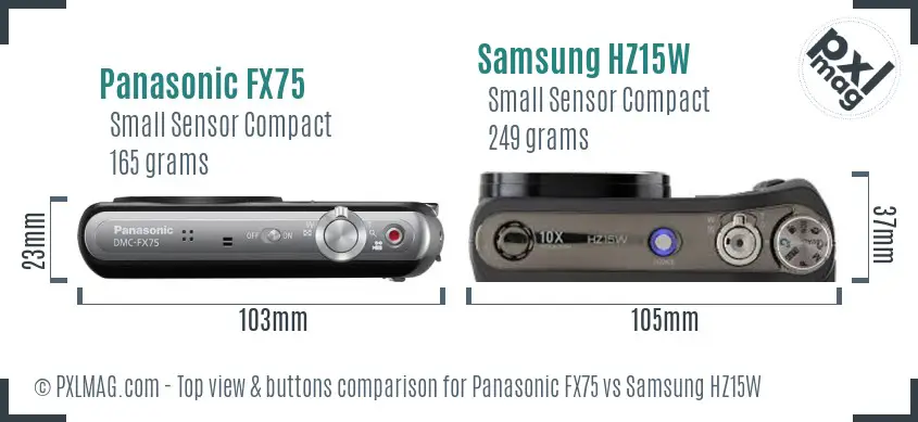 Panasonic FX75 vs Samsung HZ15W top view buttons comparison Panasonic FX75 vs Samsung HZ15W top view buttons comparison