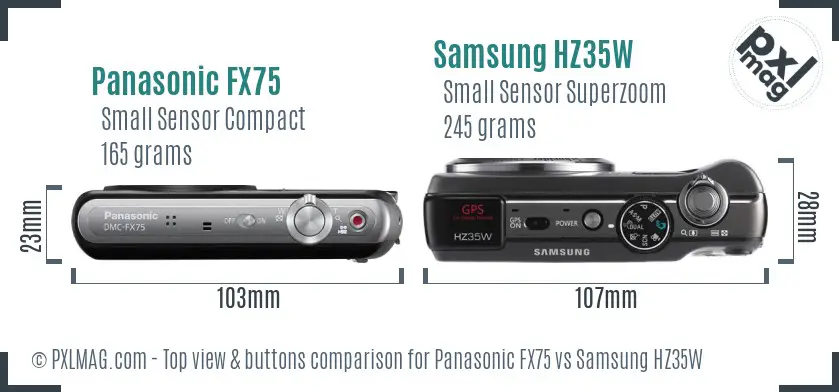 Panasonic FX75 vs Samsung HZ35W top view buttons comparison Panasonic FX75 vs Samsung HZ35W top view buttons comparison