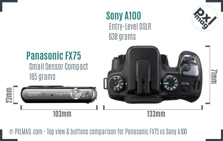 Panasonic FX75 vs Sony A100 top view buttons comparison
