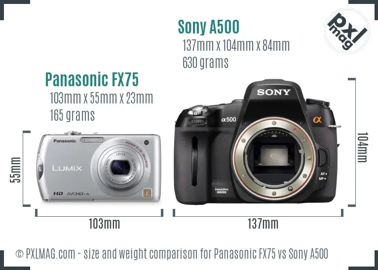 Panasonic FX75 vs Sony A500 size comparison