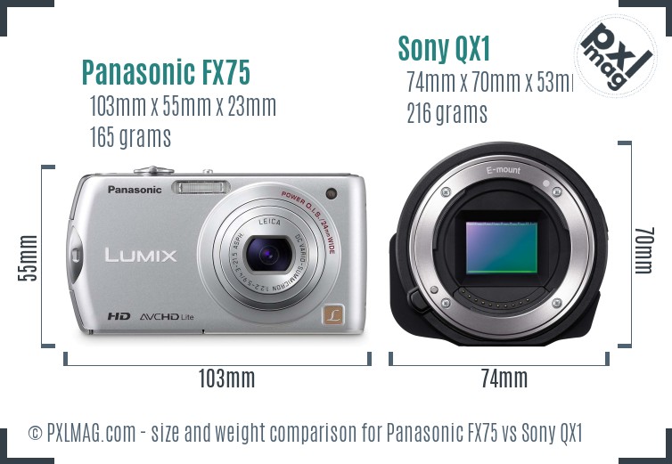 Panasonic FX75 vs Sony QX1 size comparison