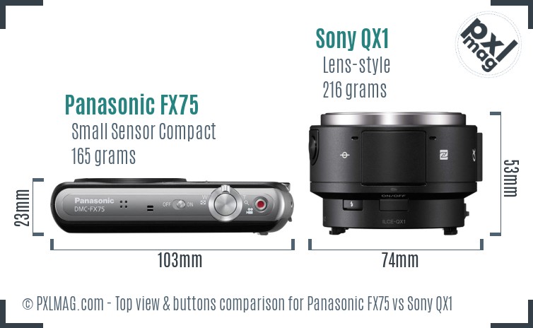 Panasonic FX75 vs Sony QX1 top view buttons comparison